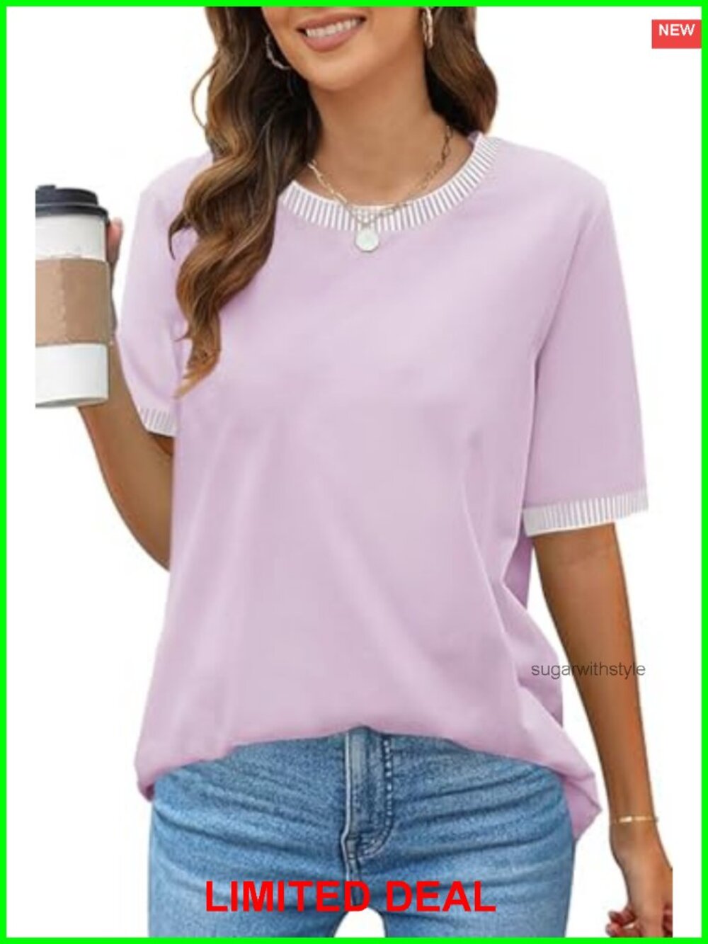 Short Sleeve Striped Color Block Knit Top Loose Casual T Shirt